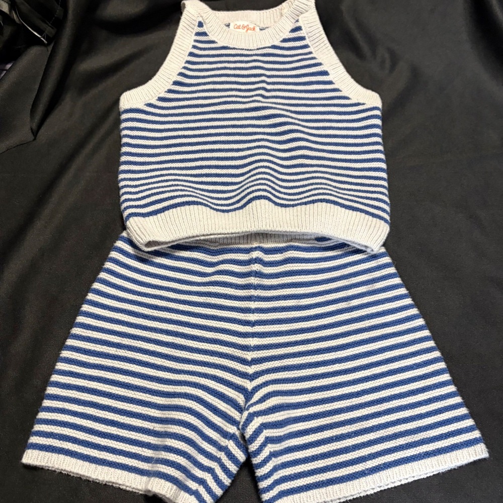 Cat & Jack Girls Blue Light Gray Striped Knit Tank Shorts 2 Piece Set 5T